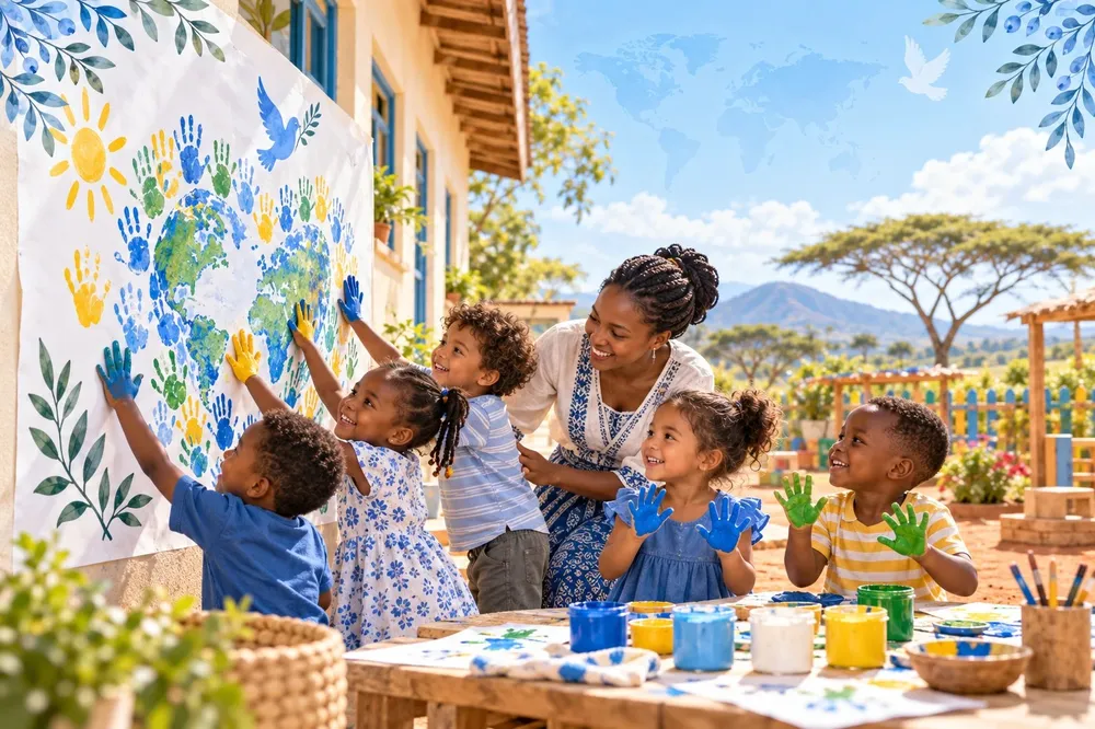 Crianças fazendo um mural da paz com marcas de mãos