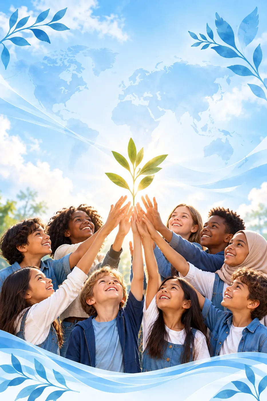 Children reaching up together towards an olive sprout