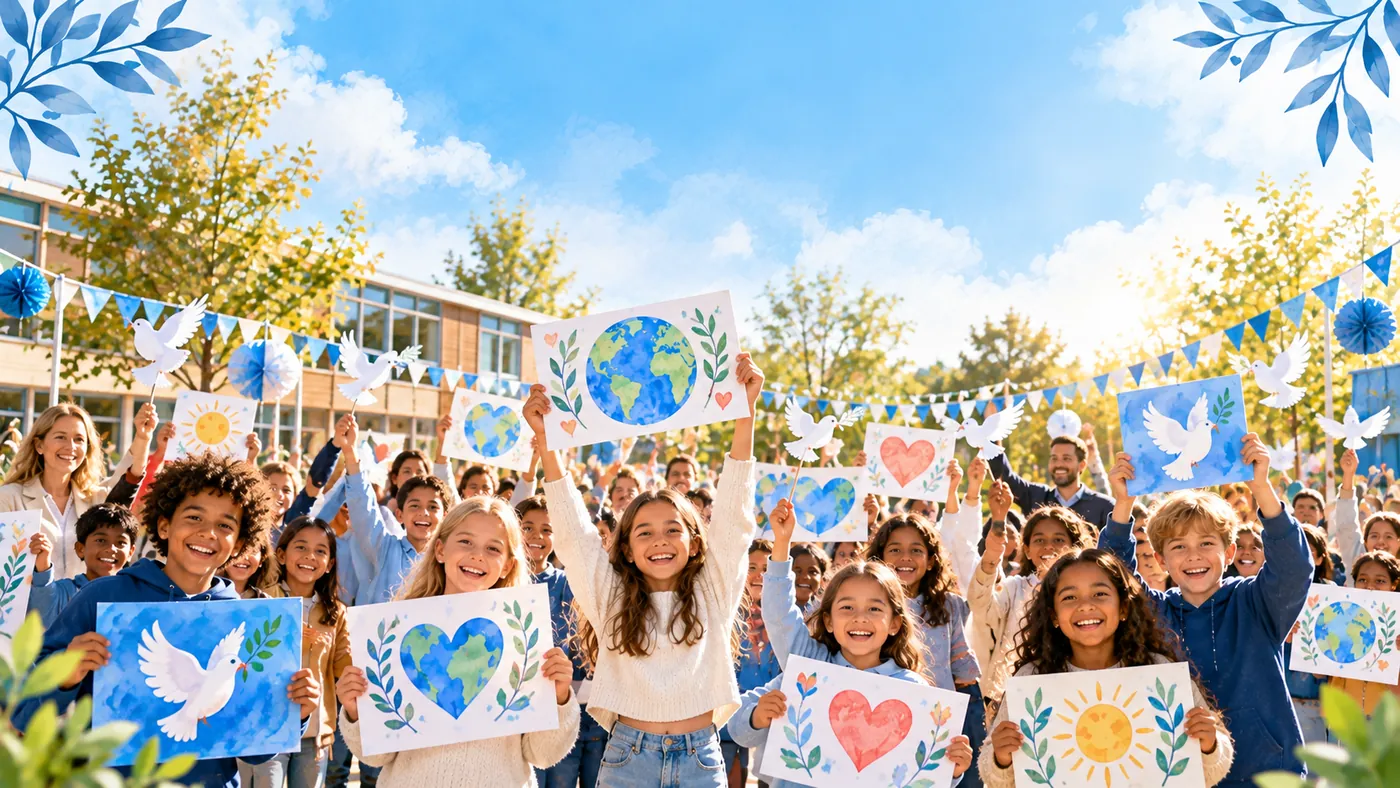 Children and teachers celebrating Peace Day together